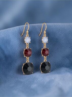 Gold-Tone Drop Earrings with Black, Red and Light Blue Stones